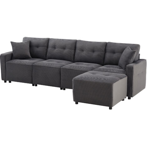 Canapé droit modulable 4 places en velours côtelé avec rangement sous assise, pouf inclus, design confortable pour salon, noir