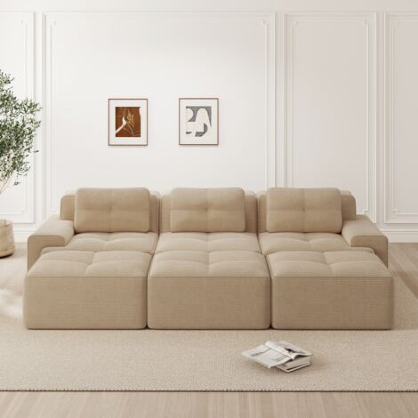 Canapé droit modulaire-lit-velours côtelé doux-3 places-3 poufs-beige-293x177x69cm