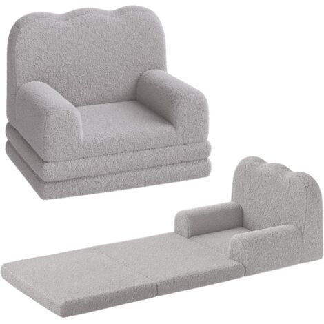 Canapé du vague 2-en-1 évolutif pour enfant, Fauteuil et méridien dépliable, Tissu polaire ultra-doux mousse, Gris