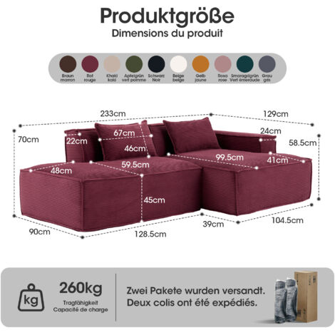 Canapé économique 235 cm fourni avec 2 coussins et étui. Style contemporain confortable adapté aux petits salons et bureaux.