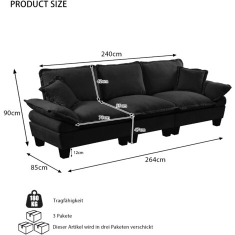 Canapé en chenille à voilier,petit canapé modulaire 3 places avec accoudoirs courbés,canapé orienté confort pour petites pièces et appartements,noir