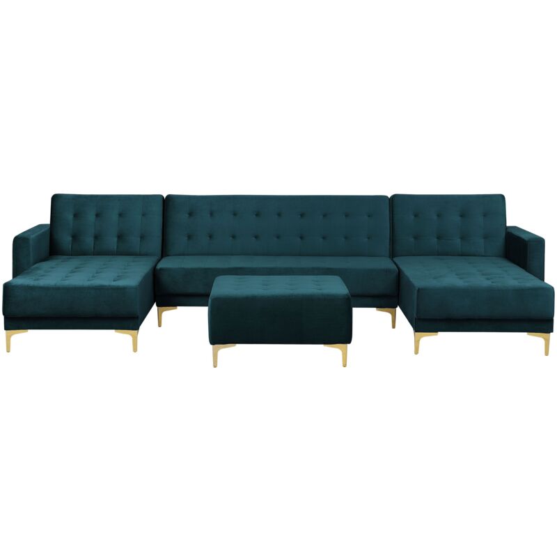 Canapé en Forme de u Convertible avec Ottoman en Velours Bleu Paon 5 Places Aberdeen