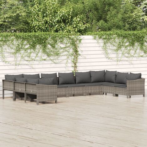 Canapé en rotin poly - vidaXL Salon de jardin 10 pcs avec coussins Gris Résine tressée - Canapé en acier