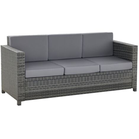 Canapé en rotin synthétique avec coussins, canapé de jardin 3 places, métal, polyester, gris, 185 x 70 x 80 cm