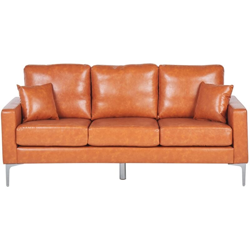 Canapé 3 Places en Cuir PU Marron avec pieds Argentés Design Intemporel et Élégant pour Salon Moderne Beliani