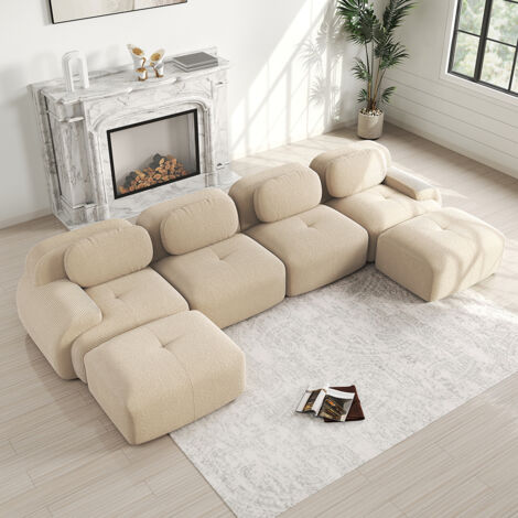 Canapé en U, velours côtelé respirant, rembourrage haute résilience 32D, accoudoirs extra-larges, design ergonomique- Beige