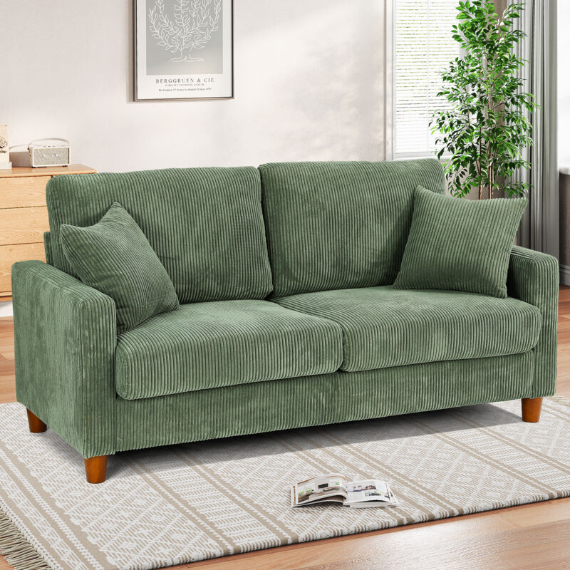Canapé Luxe 2 Places en Velours Côtelé,Canapé Droit Rembourré Confortable Moderne avec 2 Coussins,178L x 76P x 89H cm,Vert