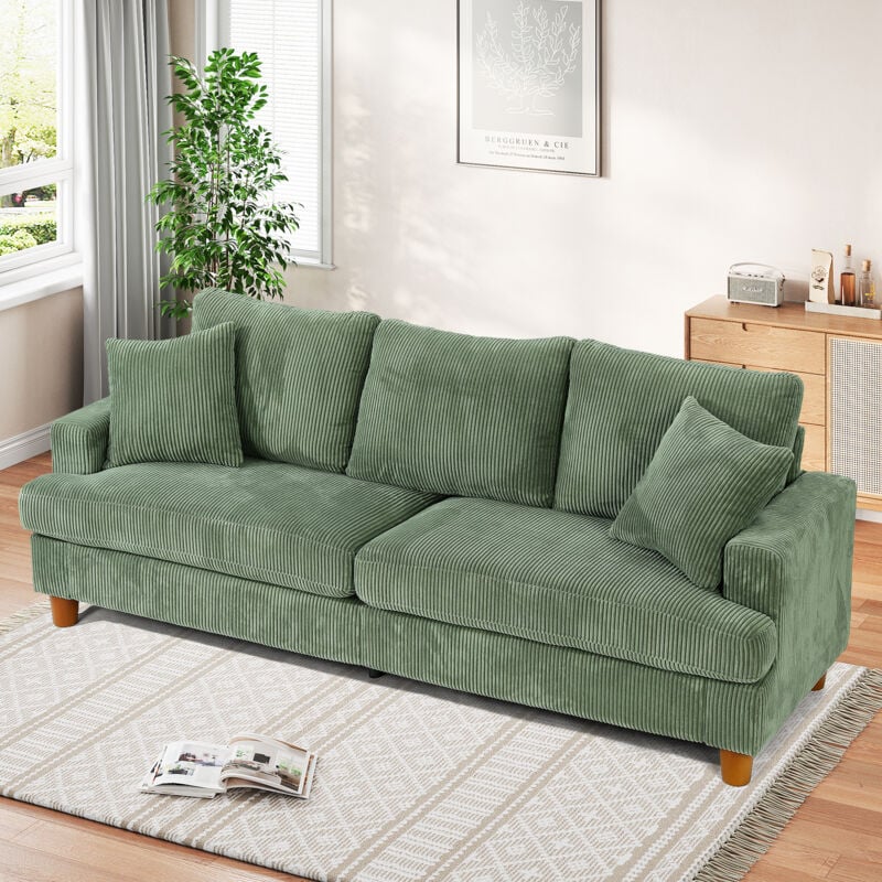 Neche - Canapé 3 Places Tissu en Velours Côtelé Luxe avec 2 Oreillers,Grand Canapé Droit Rembourré Confortable,220L x 76P x 84H cm,Vert