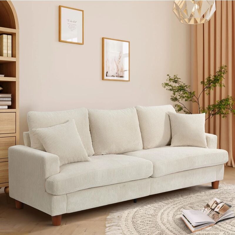 Neche - Canapé 3 Places Tissu en Velours Côtelé Luxe avec 2 Oreillers,Grand Canapé Droit Rembourré Confortable,220L x 76P x 84H cm,Beige
