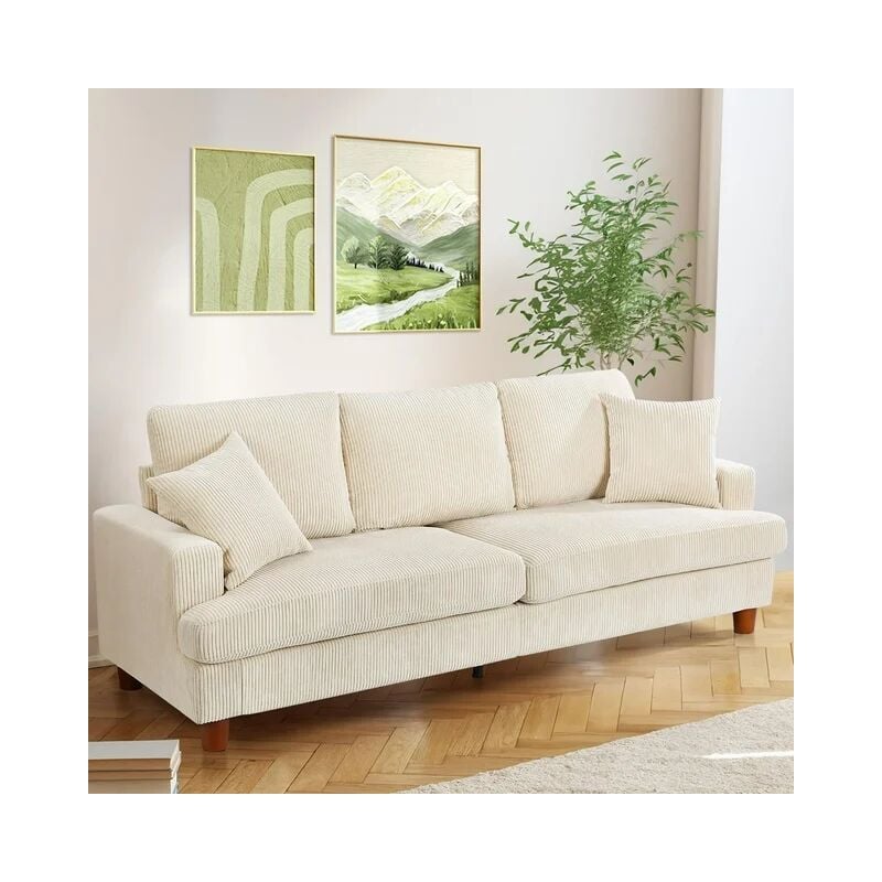 Keepbuying - Canapé en Velours Côtelé 3 Places,Grand Canapé Droit Rembourré Moderne avec Sièges extra profonds de 53cm,2 Coussins,220L x 76l x 84H