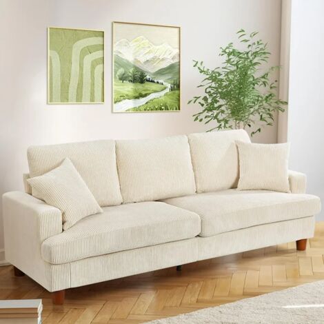 Canapé en Velours Côtelé 3 Places,Grand Canapé Droit Rembourré Moderne avec Sièges extra profonds de 53cm,2 Coussins,220L x 76l x 84Hcm,Beige