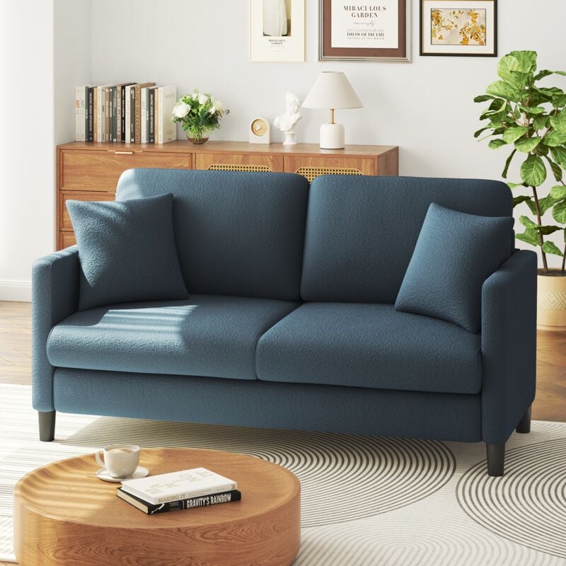 Neche - Canapé 2 Places en Velours Teddy Luxe Moderne,Canapé Droit Confort en Bois Massif,Loveseat avec Accoudoirs,165L x 78P x 89H cm,Bleu Gris