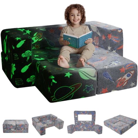 Canapé enfant convertible ludique, 4 pcs, fauteuil pour enfants en tissu phosphorescent avec housse amovible, pour bébé à faire soi-même, meubles de salle de jeux pour tout-petits lisant, gris