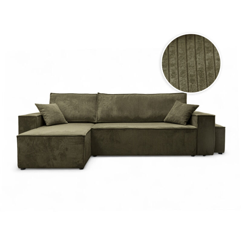 Canapé FARAH d'angle réversible et convertible 4 places avec un pouf en velours côtelé - Vert kaki Canapé FARAH d'angle réversible et convertible 4 places avec un pouf en velours côtelé - Vert kaki