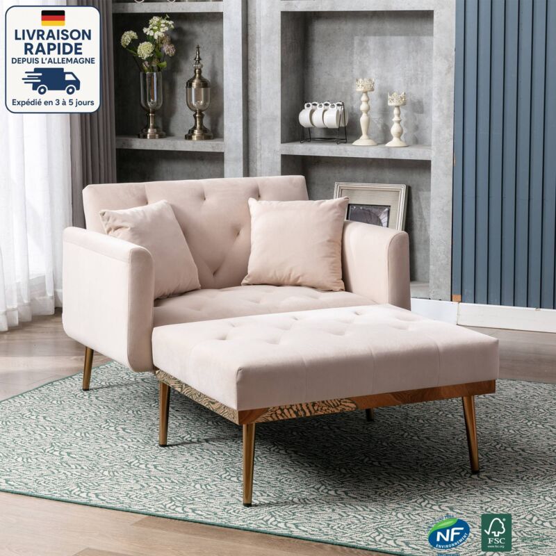 Modfu - Canapé fauteuil 165x90x77 cm, dossier réglable, convertible en lit simple, velours, beige