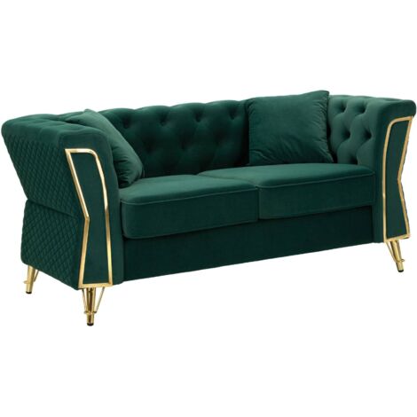 Canapé Fixe 2 Places Casio, Tissu Velours Matelassé avec 2 Coussins Inclus, 83x162x76h cm Vert