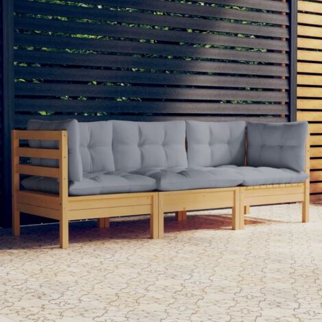 Canapé fixe 3 places de jardin Canapé relax - Banc de jardin et coussins gris Bois de pin solide BV224535 - BonneVie