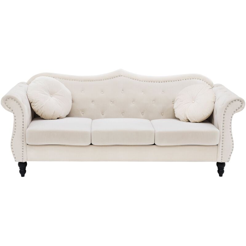 Canapé Type Chesterfield 3 Places en Velours Beige avec Dossier Capitonné pour Salon au Style Vintage et Glamour Beliani