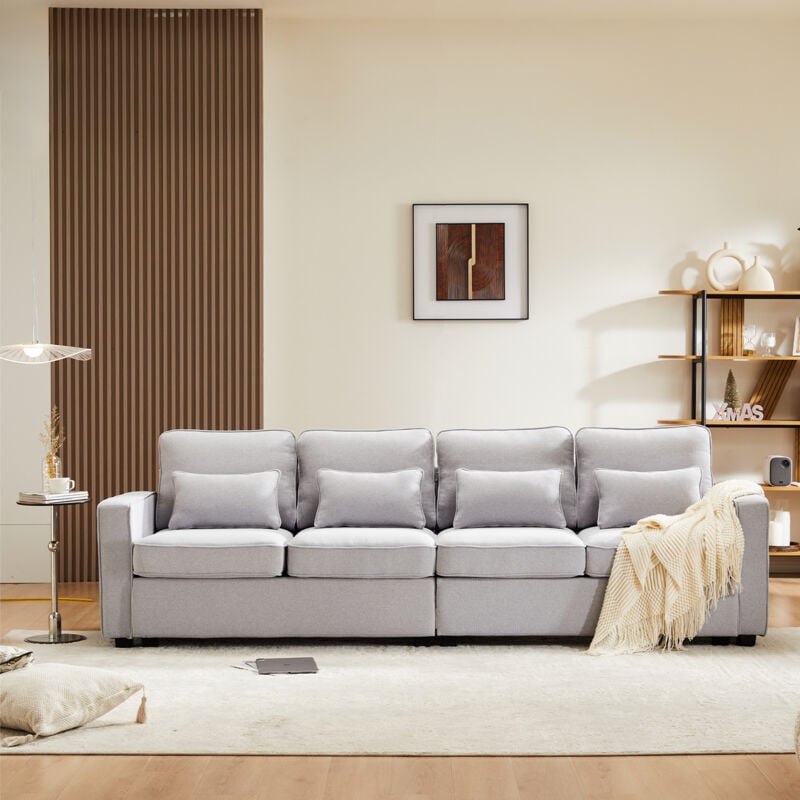 Modernluxe - Canapé fixe 4 places en tissu lin - avec poches sur les côtés - Gris clair
