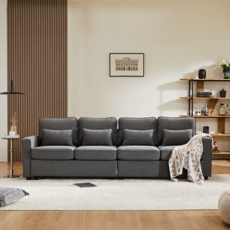 Canapé fixe 4 places en tissu lin - avec poches sur les côtés - Gris