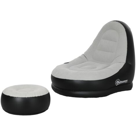 Canapé gonflable avec pouf, sofa pneumatique avec porte-gobelet, gris clair, 125x100x87 cm, idéal pour le camping et la maison