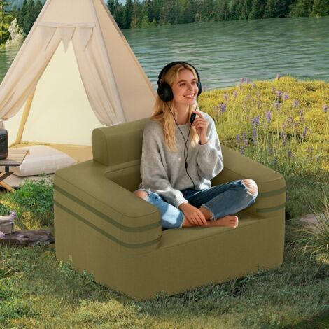 Canapé Gonflable Simple Fauteuil Gonflable en Tissu Oxford avec Pompe à Air Intégrée 3 Embouts Poche de Rangement Charge 150kg Vert Foncé