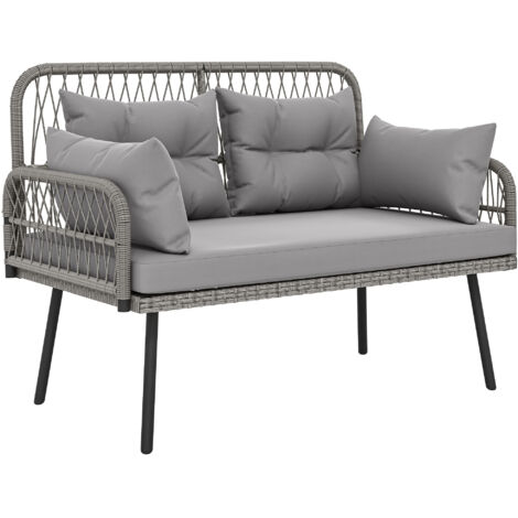 Canapé jardin 2 places résine tressée gris foncé avec coussins oreillers, canapé extérieur accoudoirs confortable, assise rembourrée pour terrasse balcon, design moderne et durable.