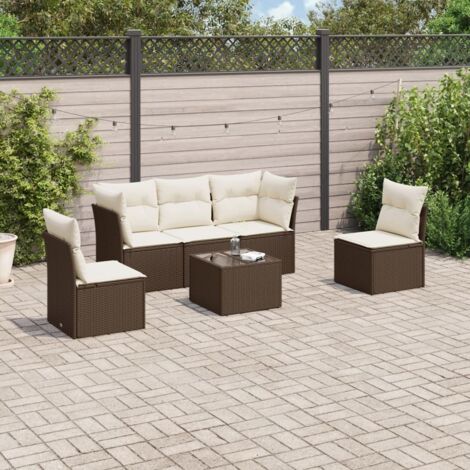Canapé Jardin 6 Places Marron Résine Tressée avec Coussins, Table Verre Trempé et Rangement