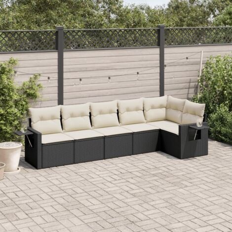Canapé Jardin 6 Places Noir Résine Tressée avec Coussins Crème - Ensemble Salon Extérieur Modulaire