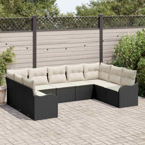 Canapé Jardin 6 Places Polyrotin Noir avec Coussins et Table Acacia - Ensemble Salon Extérieur Complet