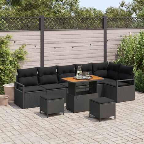 Canapé Jardin 9 Pièces Polyrotin Noir – Set Salon Exterieur Modulable avec 4 Fauteuils Accoudoirs, 2 Bancs Centraux, 2 Poufs & Table Acacia, Résistant Intempéries