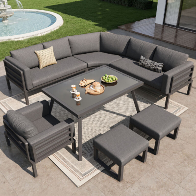 Canapé jardin demi-lune 8 places, avec structure fer, coussins gris, table basse verre, 1 fauteuil et 2 poufs