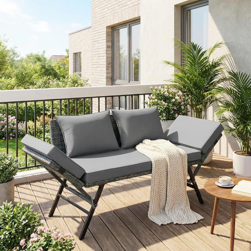 Canapé Jardin Extensible en Rotin 2 Places,Salon de Balcon Extérieur avec Accoudoirs Réglables,110-176x55x80 cm, Coussins Amovibles,Imperméable et