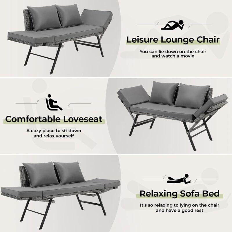 Liferun - Canapé Jardin Extensible en Rotin 2 Places,Salon de Balcon,Ensemble de jardin,Coussins Amovibles- (Gris)