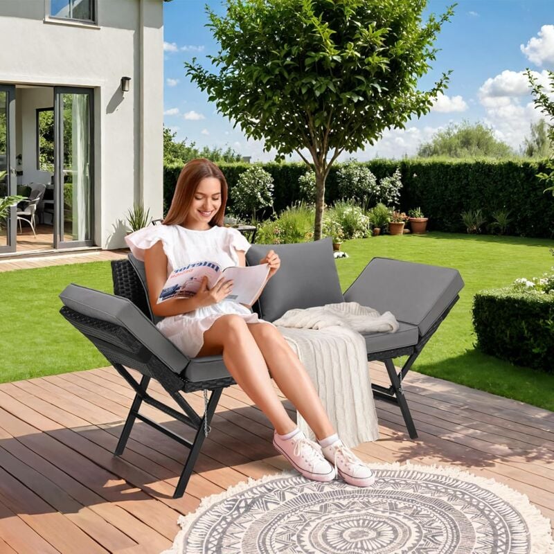 Canapé Jardin Extensible en Rotin 2 Places,Salon de Balcon,Ensemble de jardin,Coussins Amovibles- (Noir)