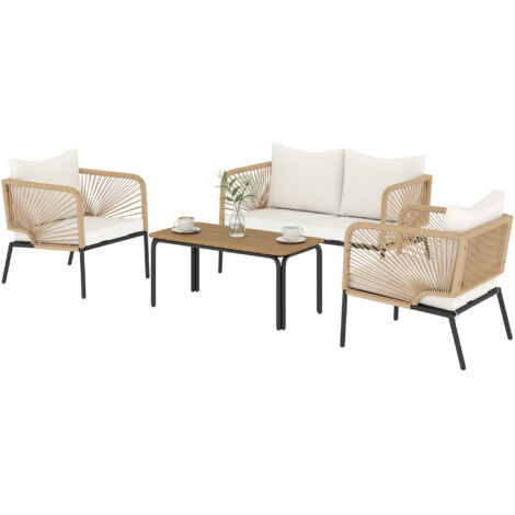 Canapé Jardin Lounge 4 Places avec Sofa 2 Places, 2 Fauteuils, Table Lamelles, Tressé Corde Lavable, Coussins Inclus