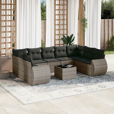 Canapé Jardin Modulaire 10 Places Résine Tressée Gris avec Table Verre Trempé et Coussins Détachables