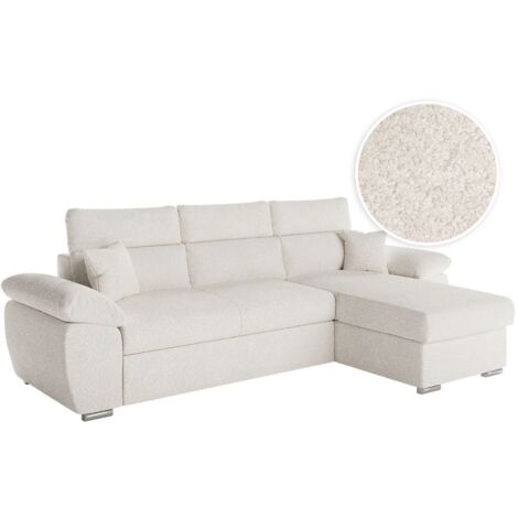 Canapé KOMECO d'angle réversible convertible avec coffre et têtières en tissu bouclette blanc