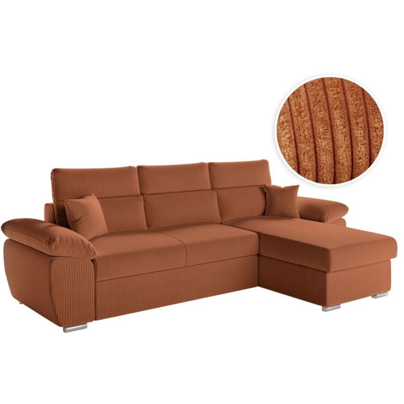 Loungitude - Canapé komeco d'angle reversible convertible avec coffre et têtières en velours côtelé - Terracotta
