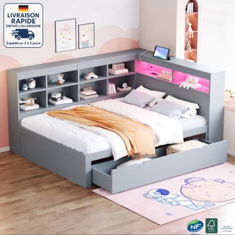 Canapé-lit 1 tiroir 140x200 cm, bois, lit double LED, compartiment de rangement ouvert, lit enfant, sans matelas, gris