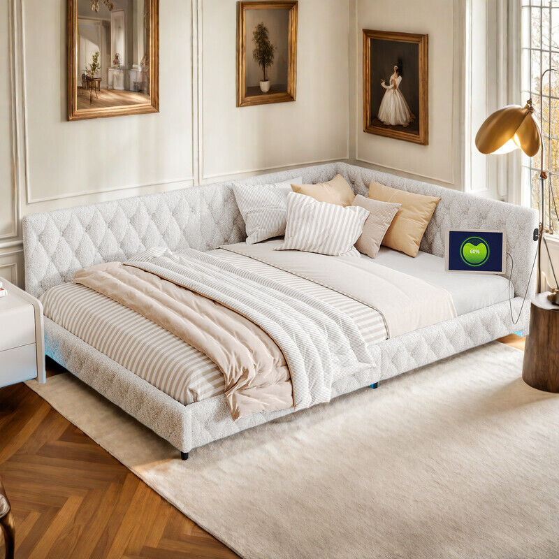 Canapé-lit 140 x 200 beige avec lumière ambiante LED–Lit capitonné avec ports USB et Type-C–Velours teddy–Sommier à lattes en bois–Salon Chambre