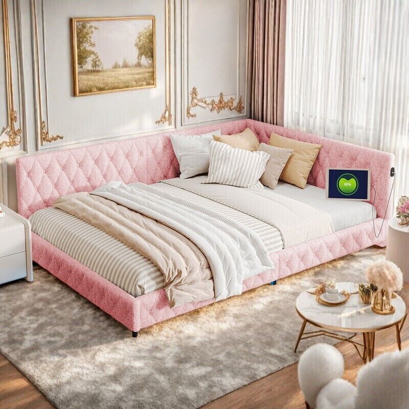 Canapé-lit 140 x 200 rose avec lumière ambiante LED–Lit capitonné avec ports USB et Type-C–Velours teddy–Sommier à lattes en bois–Salon Chambre