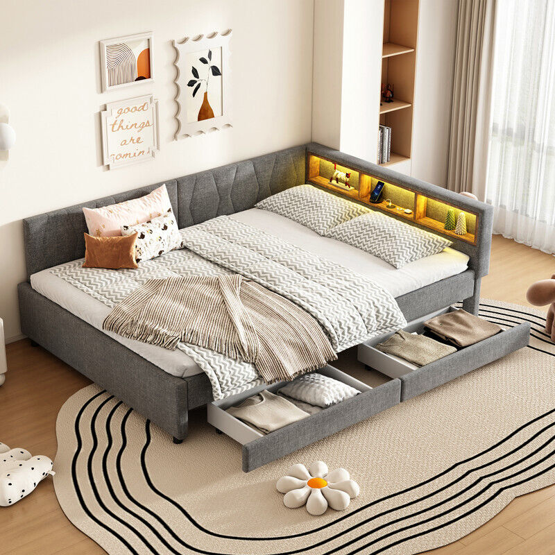 Canapé-lit 140 x 200 cm - avec 2 tiroirs - avec USB + Type C - avec lumière LED - gris (matelas non inclus)