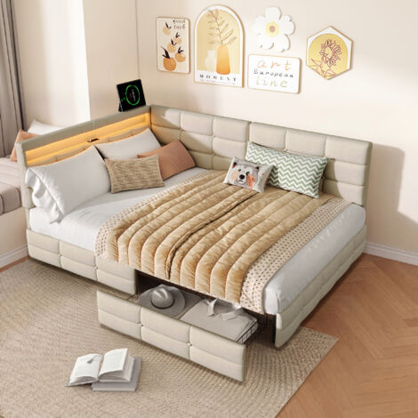 Canapé-lit 140x190cm, Lit de Jour Simple avec sommier à Lattes, 2 tiroirs, lit d'invités avec LED et station de charge, Moderne Banquette Lit 1 Personne pour Salon, Bureau,Lin Beige