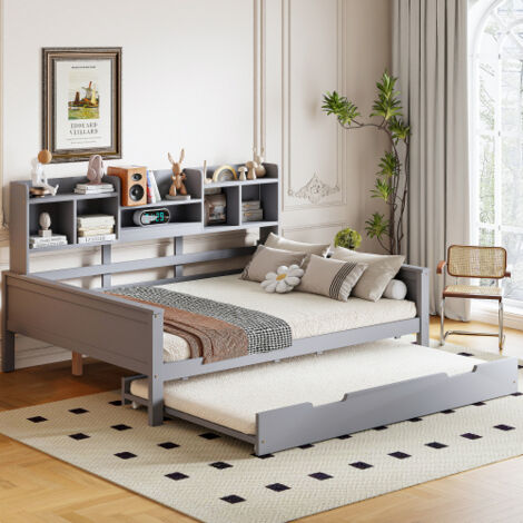 Canapé-lit 140x200 cm avec lit gigogne 90x190 cm, compartiment de rangement, sommier à lattes, sans matelas, gris