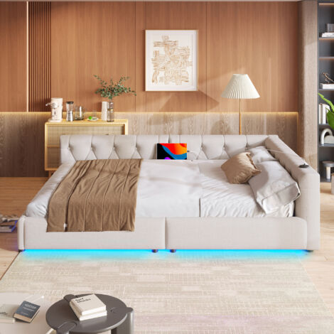 Canapé-lit 140x200 cm, éclairage d'ambiance avec télécommande, tête de lit capitonnée, Usb+Typ-c, lin, beige