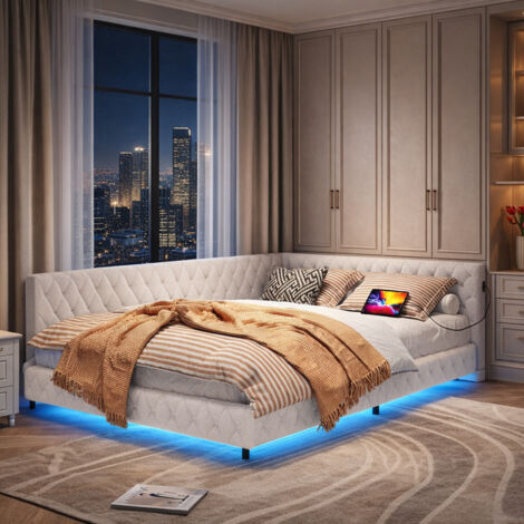 Canapé lit 140x200 cm, lit banquette 2 places avec LED et chargement USB et type-c lits canapé lit double avec sommier à lattes, pour adultes et adolescents, beige