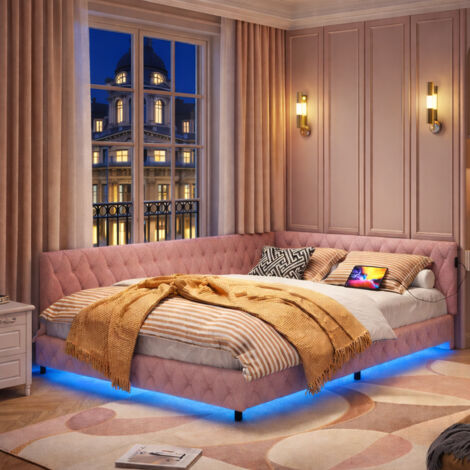 Canapé lit 140x200 cm, lit banquette 2 places avec LED et chargement USB et type-c lits canapé lit double avec sommier à lattes, pour adultes et adolescents, rose