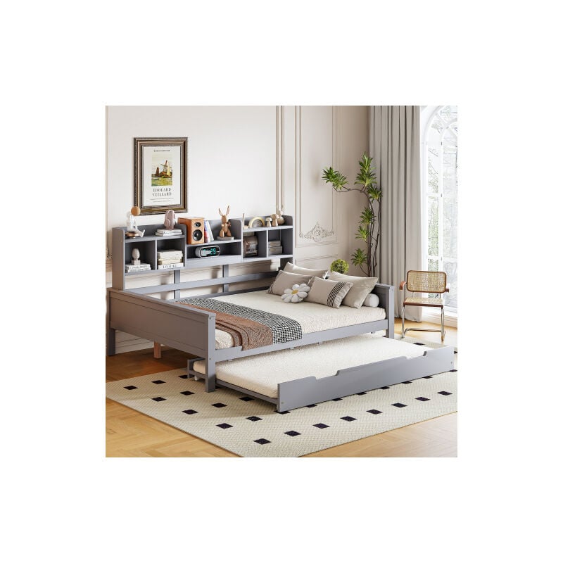 Wishdor - Canapé-lit 140x200 cm, lit gigogne 90x190 cm avec compartiment de rangement, sommier à lattes, sans matelas, gris