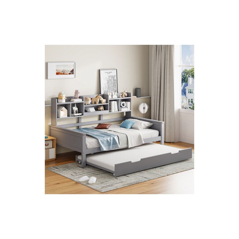 Wishdor - Canapé-lit 90x200 cm, lit gigogne 90x190 cm avec compartiment de rangement, sommier à lattes, sans matelas, gris